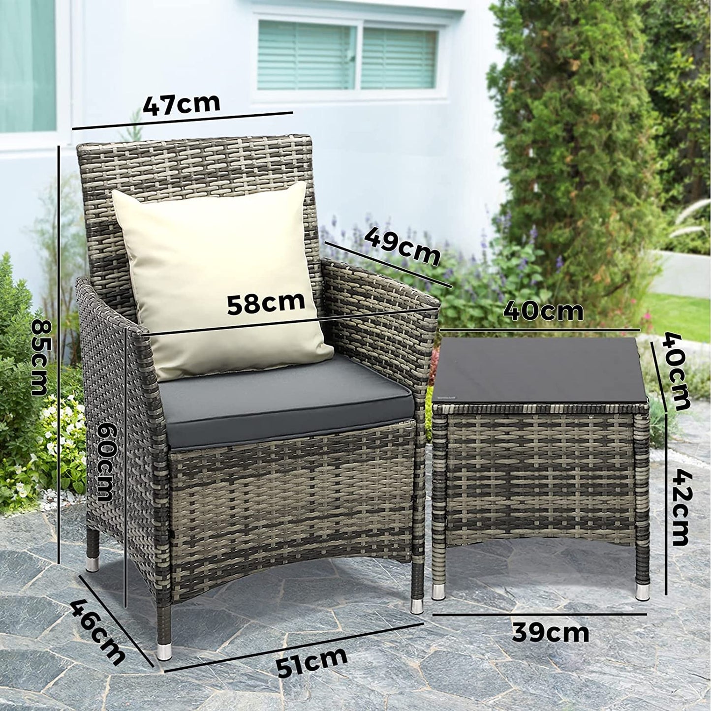 3Pcs Outdoor Furniture Table and Chairs with Pillow Grey