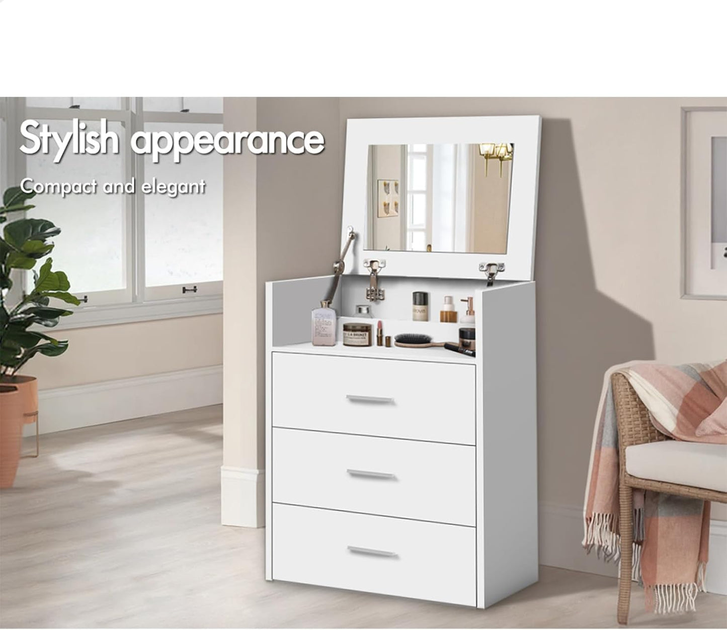 Vanity Desk, Dressing Table with Foldable Mirror and Multi Drawers, Small Makeup Desk with Hidden Stool, Corner Bedside Dressing Desk Chair Set for Bedroom Dressing Room, White