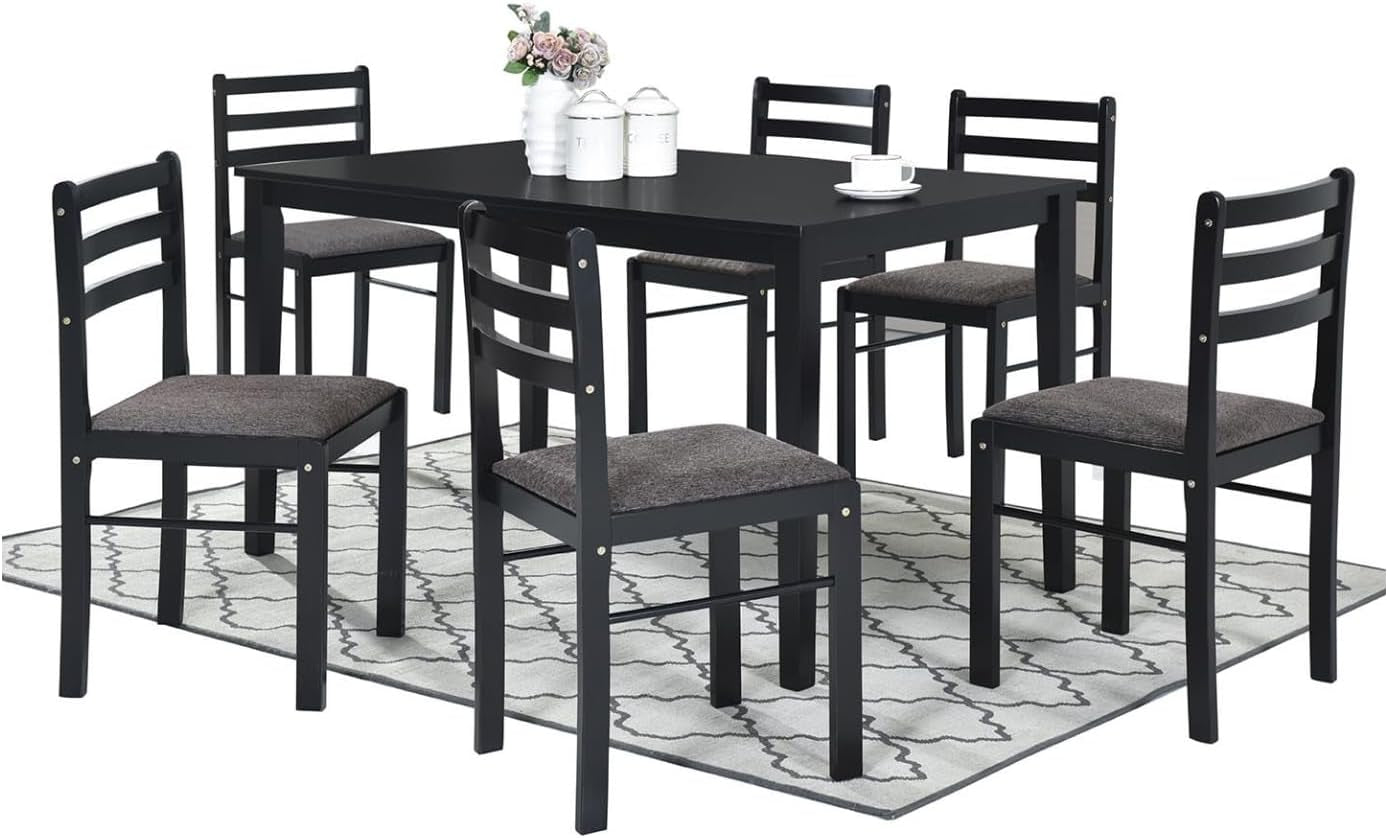 7-Piece Rustic Dining Set, Okoume Plywood Table & Chairs, Black