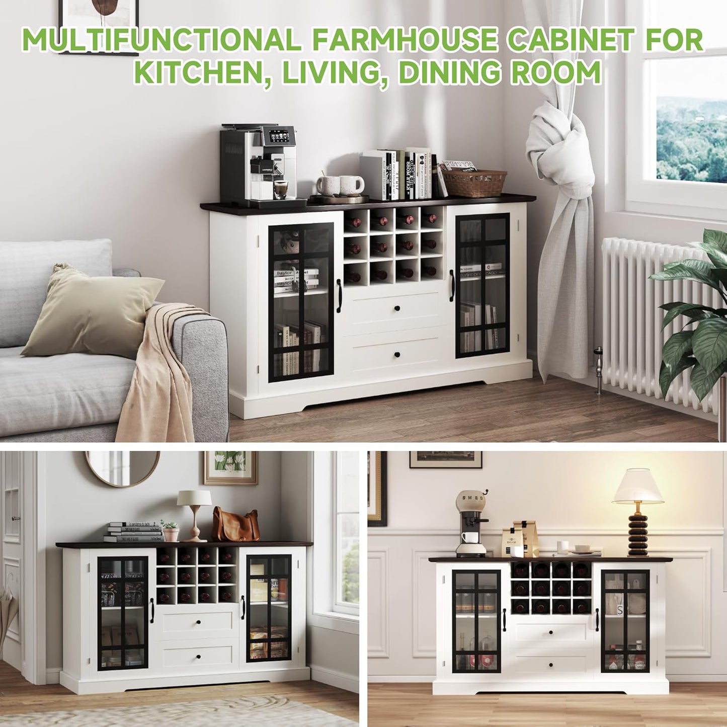 Farmhouse Buffet Cabinet with Storage, Large 59'' Sideboard Wine Coffee Bar Cabinet with 2 Glass Doors, Removable Wine Rack, Buffet Table Storage Cabinet for Kitchen,