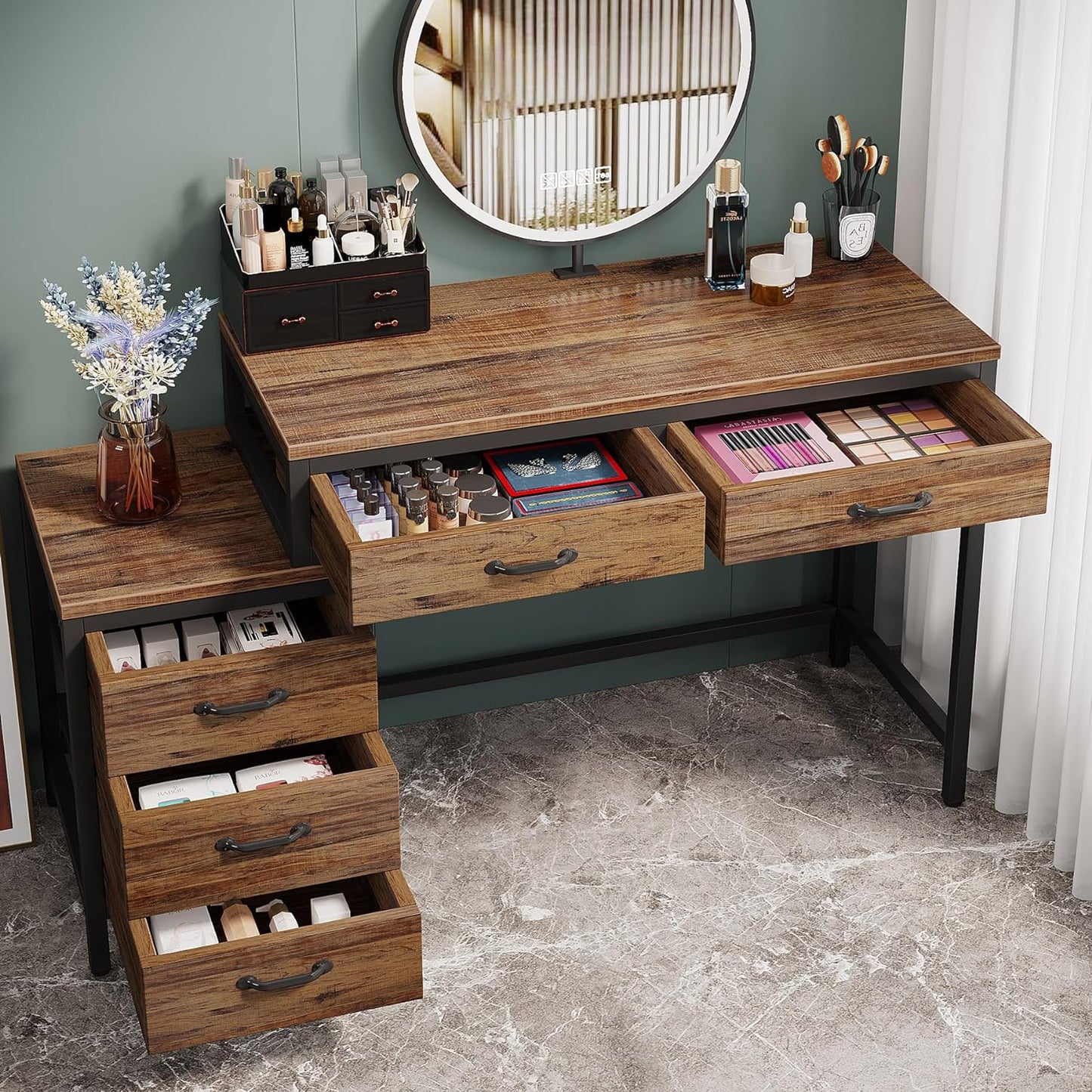 Vanity Desk with 5 Drawers, Makeup Vanity Table Dressing Table with Side 3-Drawer Chest, Make up Vanities for Women, Girls (Without Mirror)