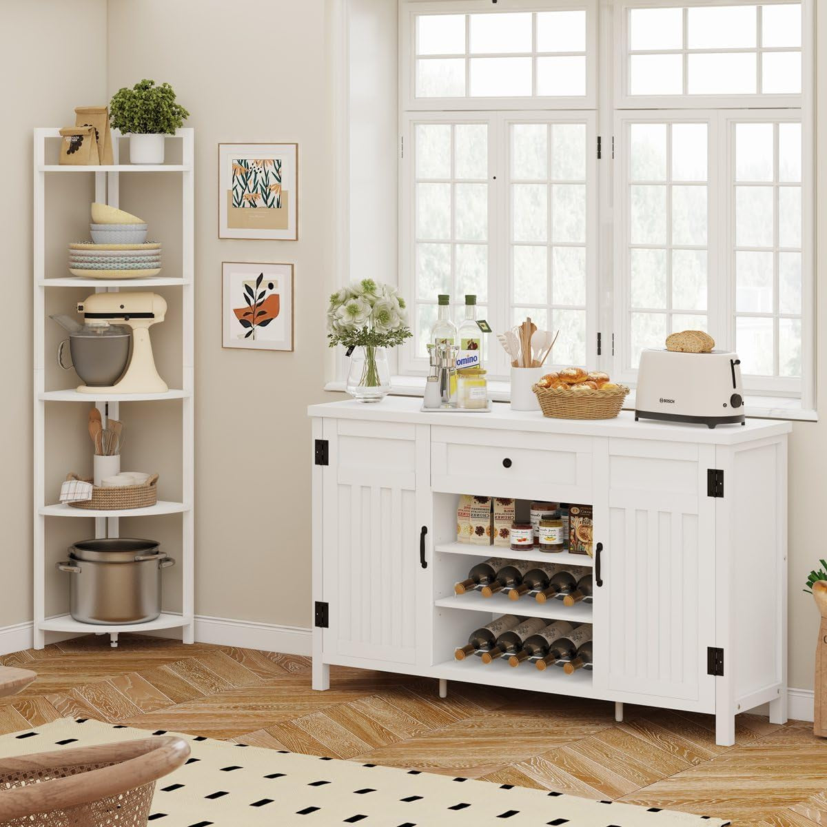 Industrial Coffee Bar Cabinet with Wine Rack, Wood Buffet and Sideboard with Storage Cabinet, (55.12 Inch, White Oak)