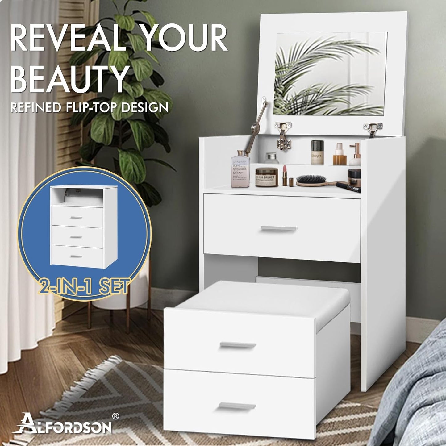 Vanity Desk, Dressing Table with Foldable Mirror and Multi Drawers, Small Makeup Desk with Hidden Stool, Corner Bedside Dressing Desk Chair Set for Bedroom Dressing Room, White