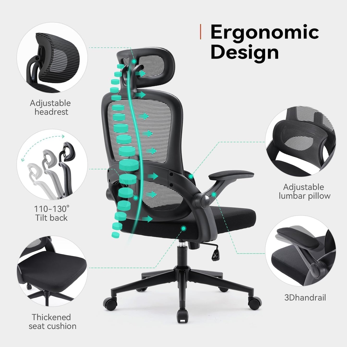 SIHOO M102C-M101 Ergonomic Office Chair, Computer High Back Chair with Dual Back Design - Individual Lumbar Pillow, 3D Armrests, Adjustable Headrest and Comfortable Thick Cushion (Black)