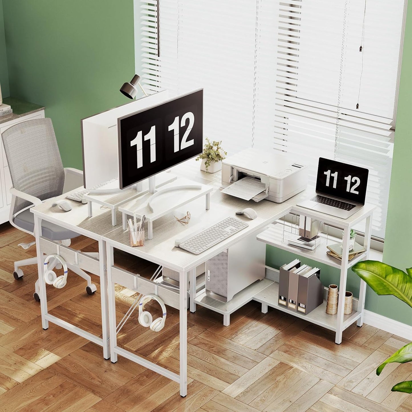 ODK L Shaped Computer Desk with Reversible Storage Shelves, 100 * 70 * 87.7Cm L-Shaped Desk, Corner Desk with Monitor Stand for Small Space, Home Office Desk, Modern Simple Writing Table, White