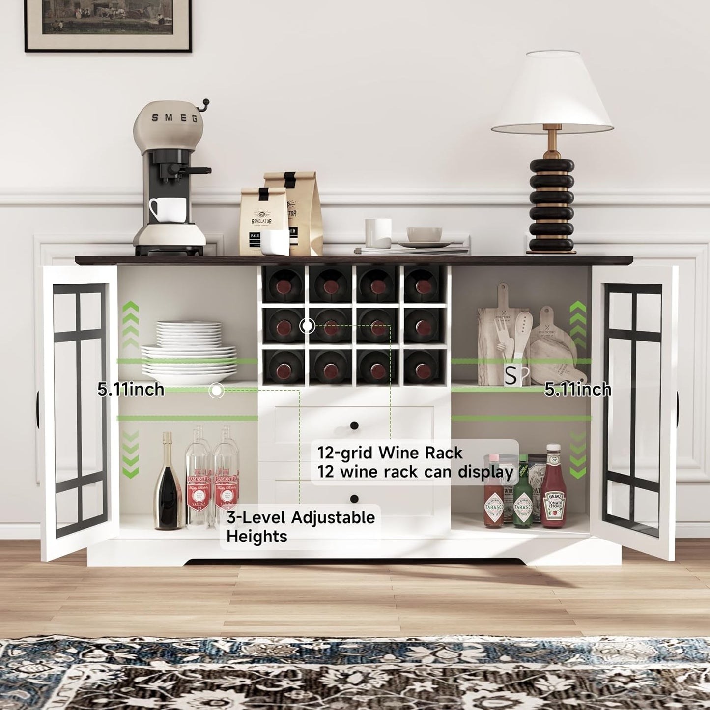 Farmhouse Buffet Cabinet with Storage, Large 59'' Sideboard Wine Coffee Bar Cabinet with 2 Glass Doors, Removable Wine Rack, Buffet Table Storage Cabinet for Kitchen,