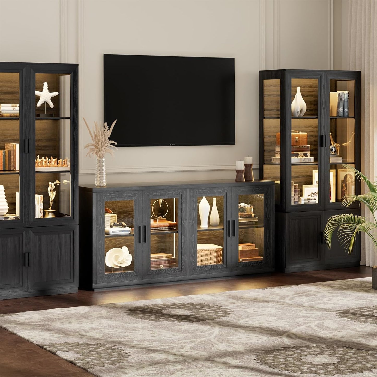 Wine Bar Cabinet with LED Light, 65" Sideboard Buffet Cabinet with Storage, Modern Home Coffee Bar Cabinet with Smart Human Sensor for Kitchen Dining Room Living Room, Black