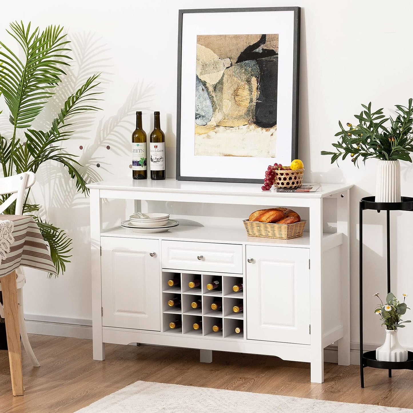 Wood Wine Cabinet, Sideboard Buffet (White)