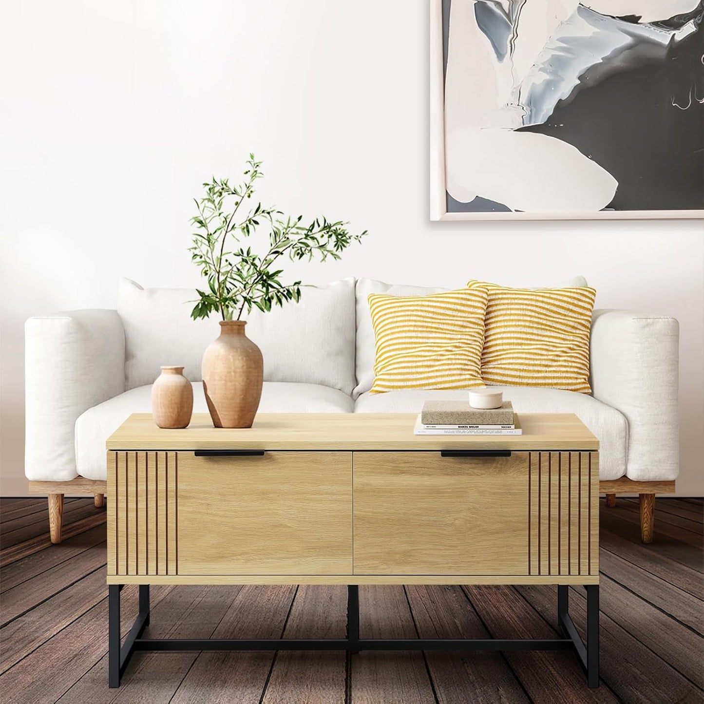 Coffee Table with Metal Base and 2 Storage Drawer Side End Table