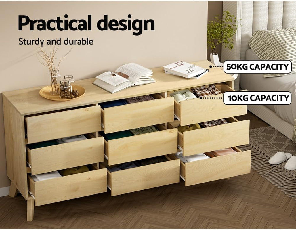 Chest of Drawers with 9 Drawer, Oak Wood Dresser Tallboy Storage Cabinet Board Side Tables Desk