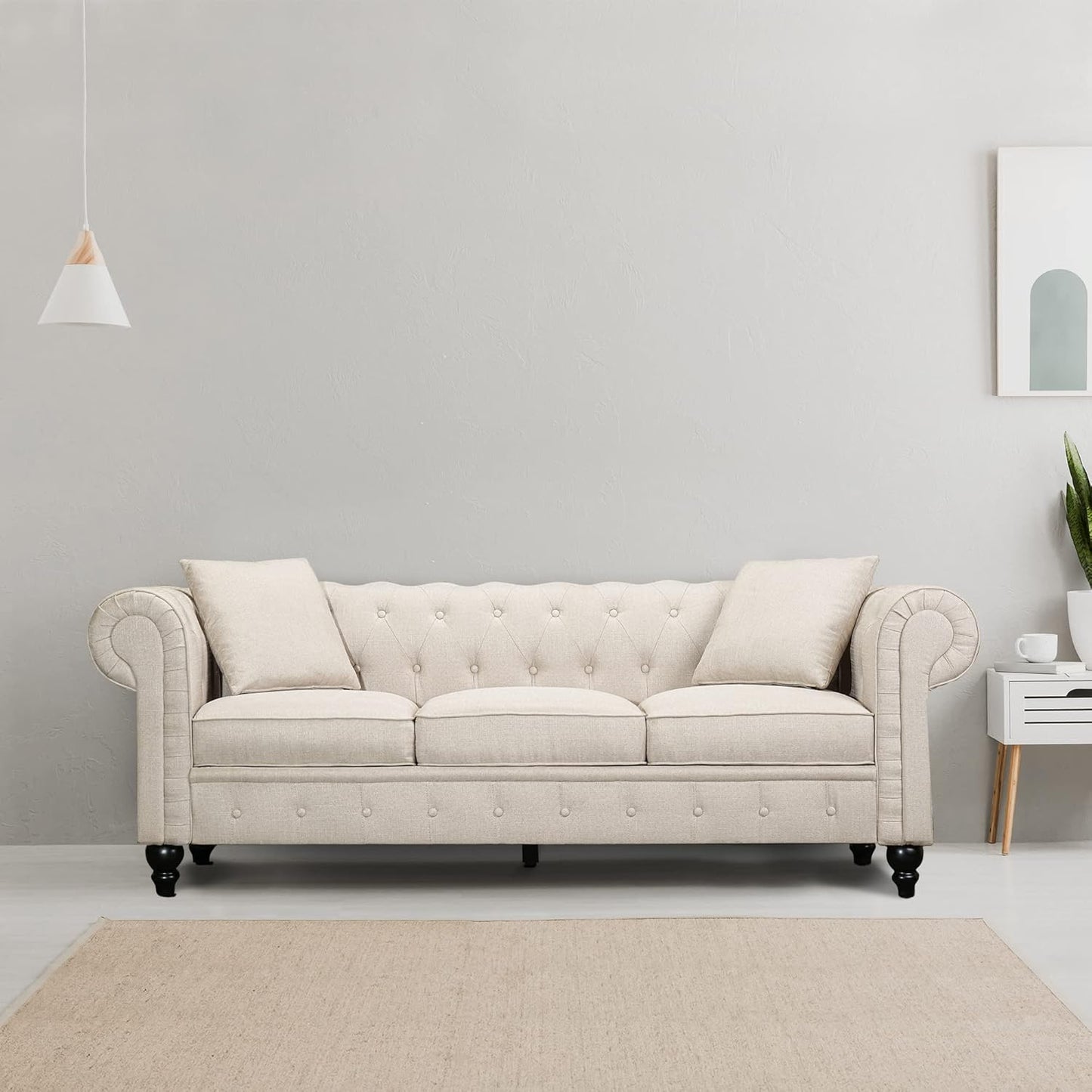 Cerna Chesterfield Sofa Lounge - Diamond Stitching, Swiss Linen-Blend Upholstery, Medium-Firm Cushions, Decorative Pillows, and Easy Assembly in Timeless Elegance, Beige