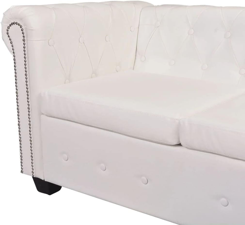 Chesterfield Corner Sofa 5-Seater Artificial Leather, White - Elegant Tufted Design, Sturdy Wooden Frame, 205 X 205 X 73 Cm, Perfect Sofas for Living Room & Office, Comfortable & Easy to Assemble