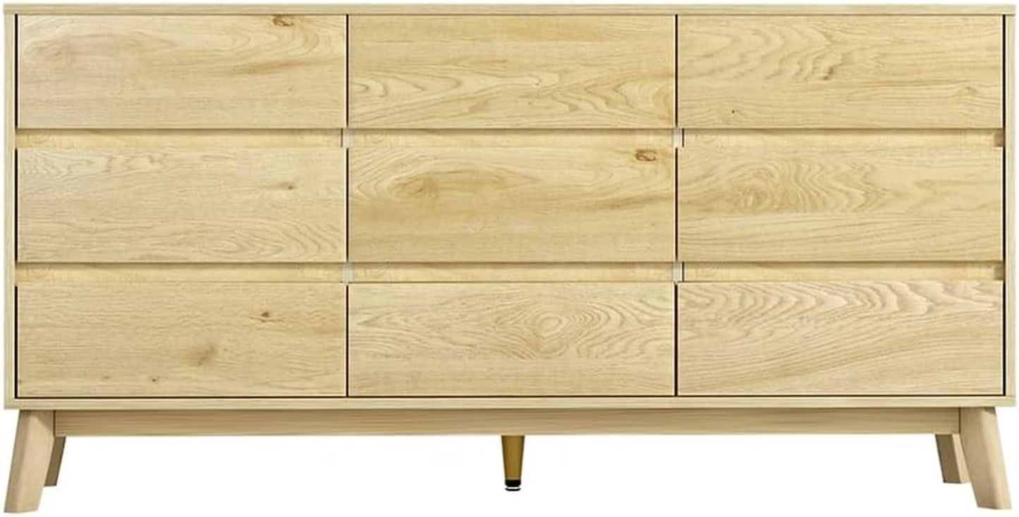 Chest of Drawers with 9 Drawer, Oak Wood Dresser Tallboy Storage Cabinet Board Side Tables Desk