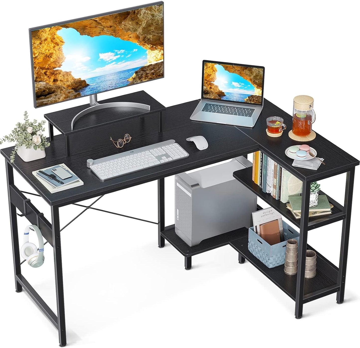 ODK L Shaped Computer Desk with Reversible Storage Shelves, 100 * 70 * 87.7Cm L-Shaped Desk, Corner Desk with Monitor Stand for Small Space, Home Office Desk, Modern Simple Writing Table, White