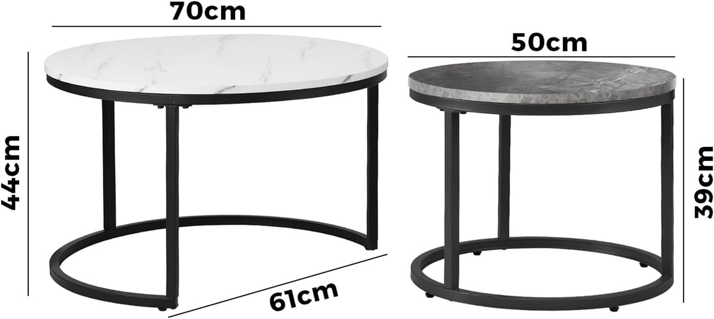 Round Coffee Table Set of 2 Marble Coffee Table Side Nesting Table White and Grey