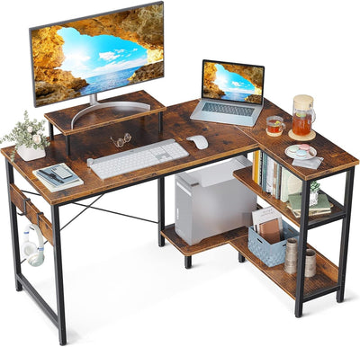 ODK L Shaped Computer Desk with Reversible Storage Shelves, L-Shaped Desk 118 * 80 * 86.4Cm Corner Desk with Monitor Stand for Small Space, Modern Writing Table for Home Office Desk, Rustic Brown