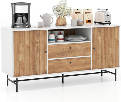 Buffet Sideboard, Mid Century Modern Coffee Bar Station W/Sliding Tambour Doors & 2 Storage Drawers