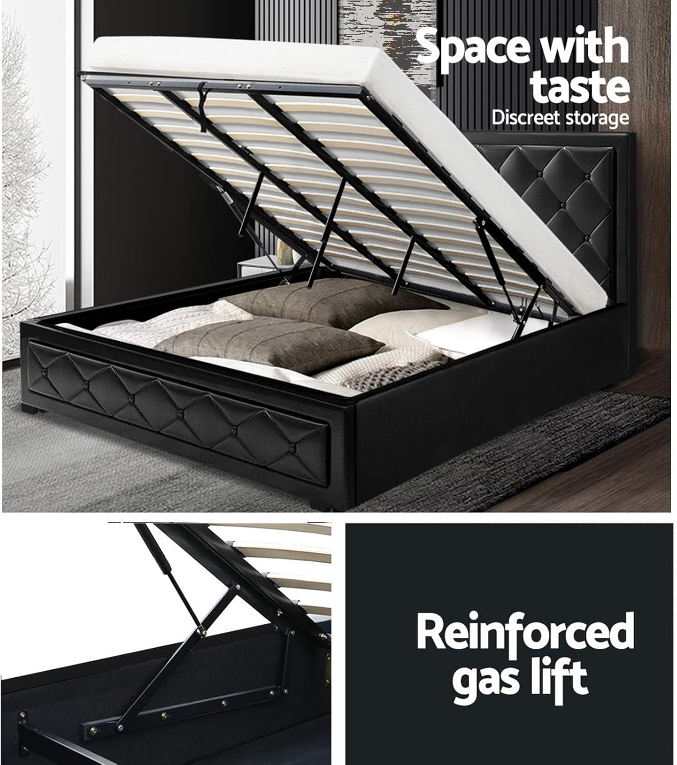 King Bed Frame Platform Tufted Headboard Frames Gas Lift Beds Base with Storage Space, Upholstered with Black PVC Leather + Foam + Wood