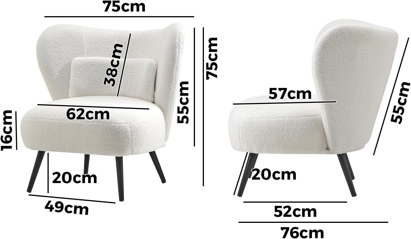 Oikiture Boucle Armchair with Lumbar Pillow and Wingback Velvet Lounge Sofa Accent Chair White