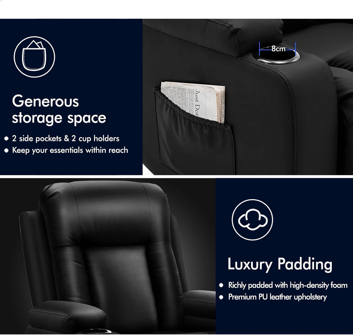 ALFORDSON Electric Recliner Chair, Fully Automatic Lifting and Reclining Lounge Sofa, PU Leather Heated Massage Armchair with Remote Control, Black