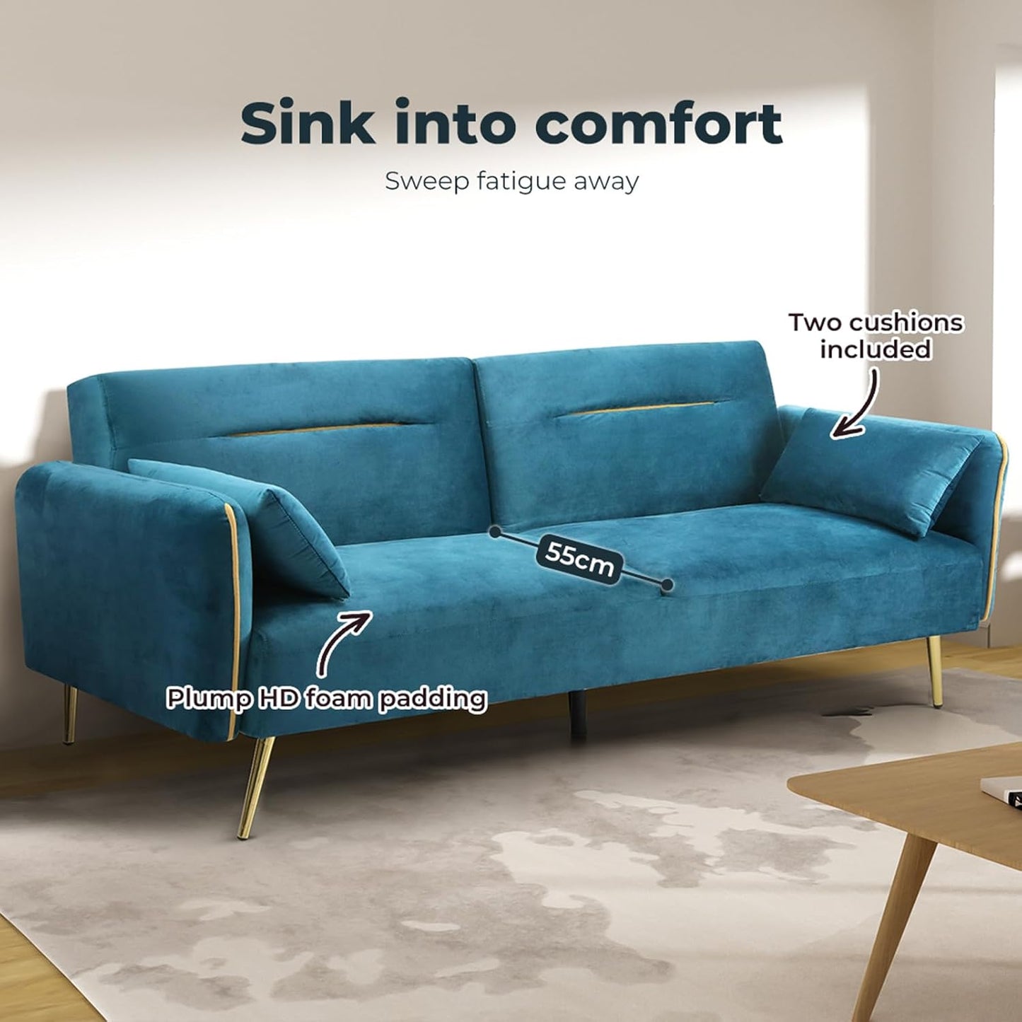 3 Seater Sofa Bed, Convertible Velvet Lounge Futon Couch with Recliner, Adjustable 3 Level Backrest with 2 Throw Pillow, Golden Legs for Small Spaces(198Cm X 80Cm X 83Cm, Peacock Blue)