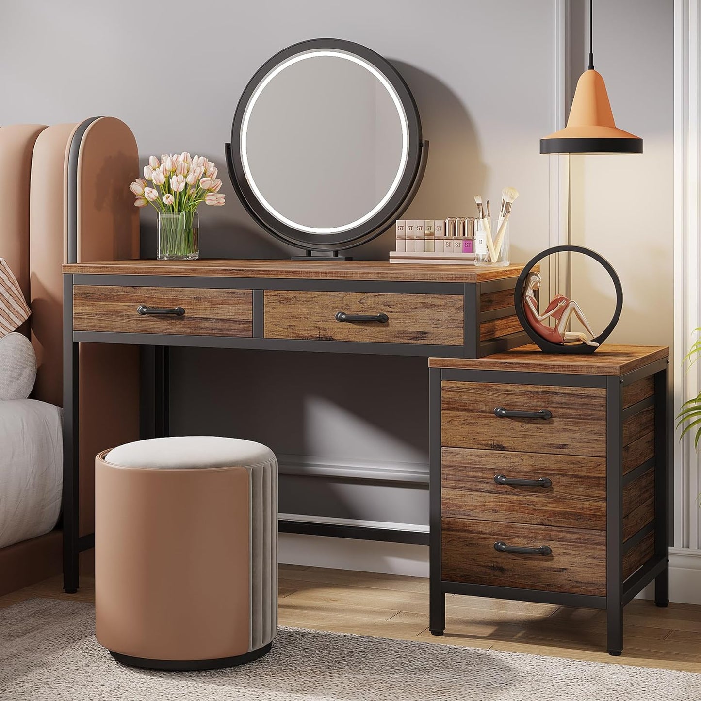Vanity Desk with 5 Drawers, Makeup Vanity Table Dressing Table with Side 3-Drawer Chest, Make up Vanities for Women, Girls (Without Mirror)