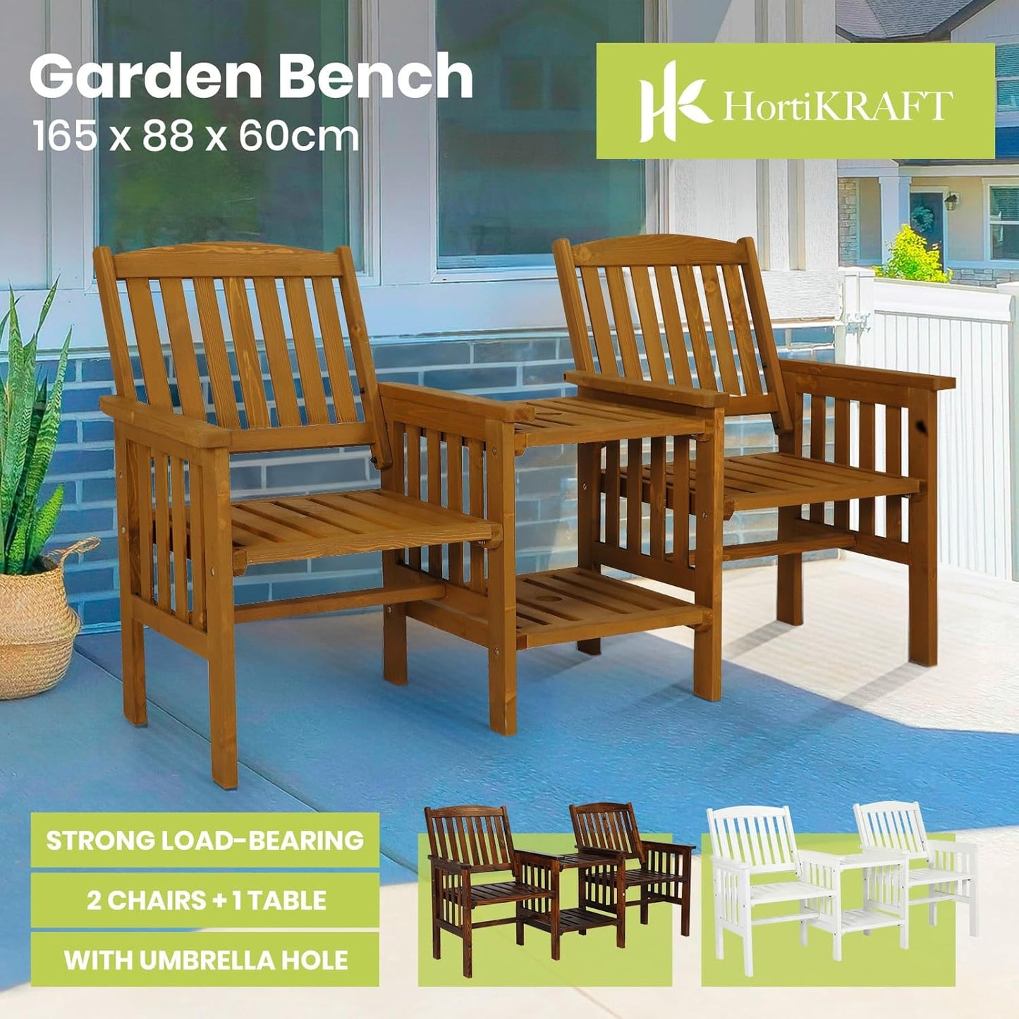 Wooden Outdoor Loveseats and Table Set - Fir Wood Twin Seats and Integrated Table Patio Conversation Set with 2-Seater Armchairs and Coffee Table Durable Garden Bench Furniture - White