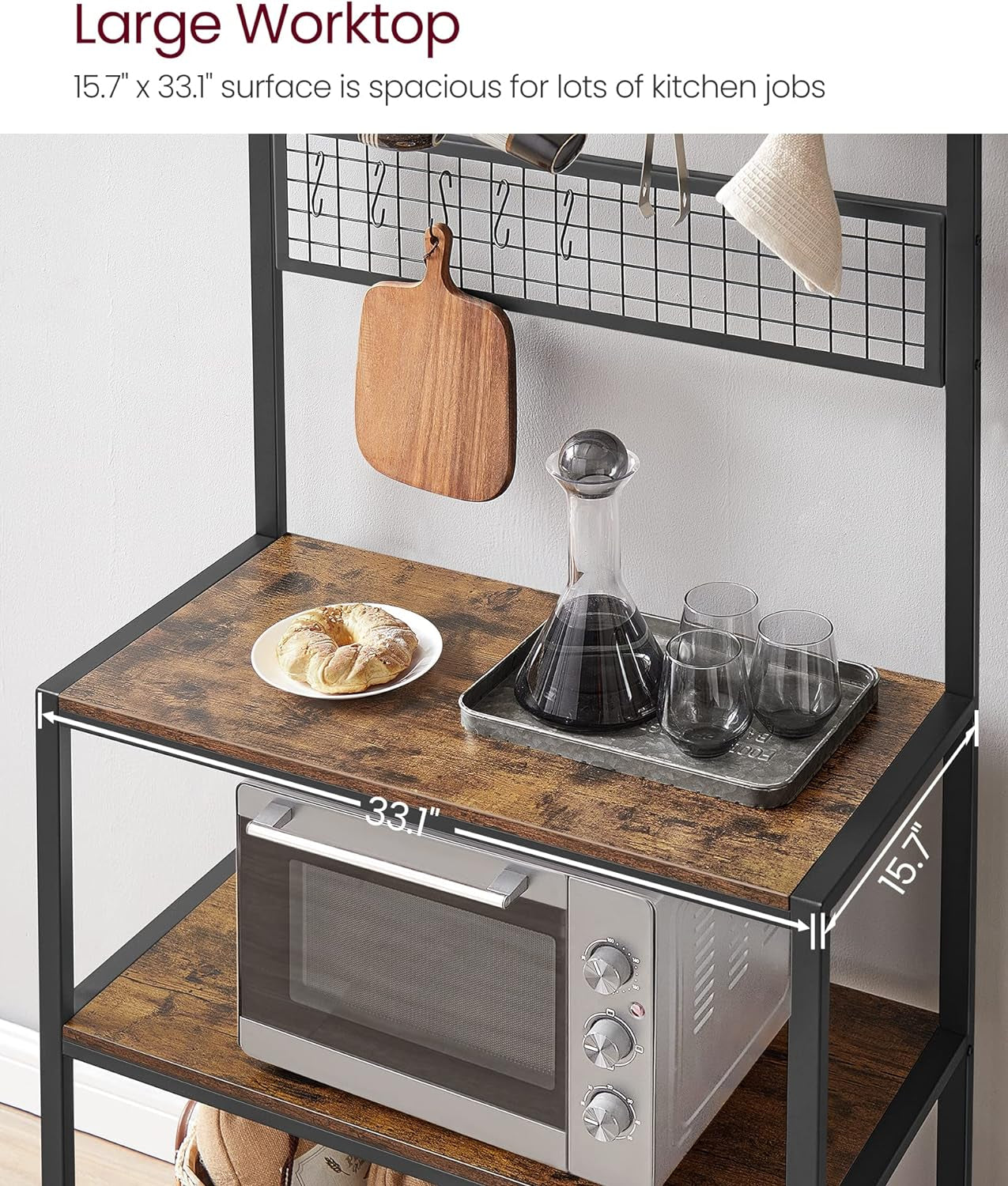 VASAGLE Bakers Rack, Coffee Bar, Kitchen Storage Shelf Rack with 10 Hooks, 3 Shelves, Adjustable Feet, for Microwave Oven, 15.7 X 33.1 X 66.9 Inches, Industrial, Rustic Brown and Black UKKS17BX