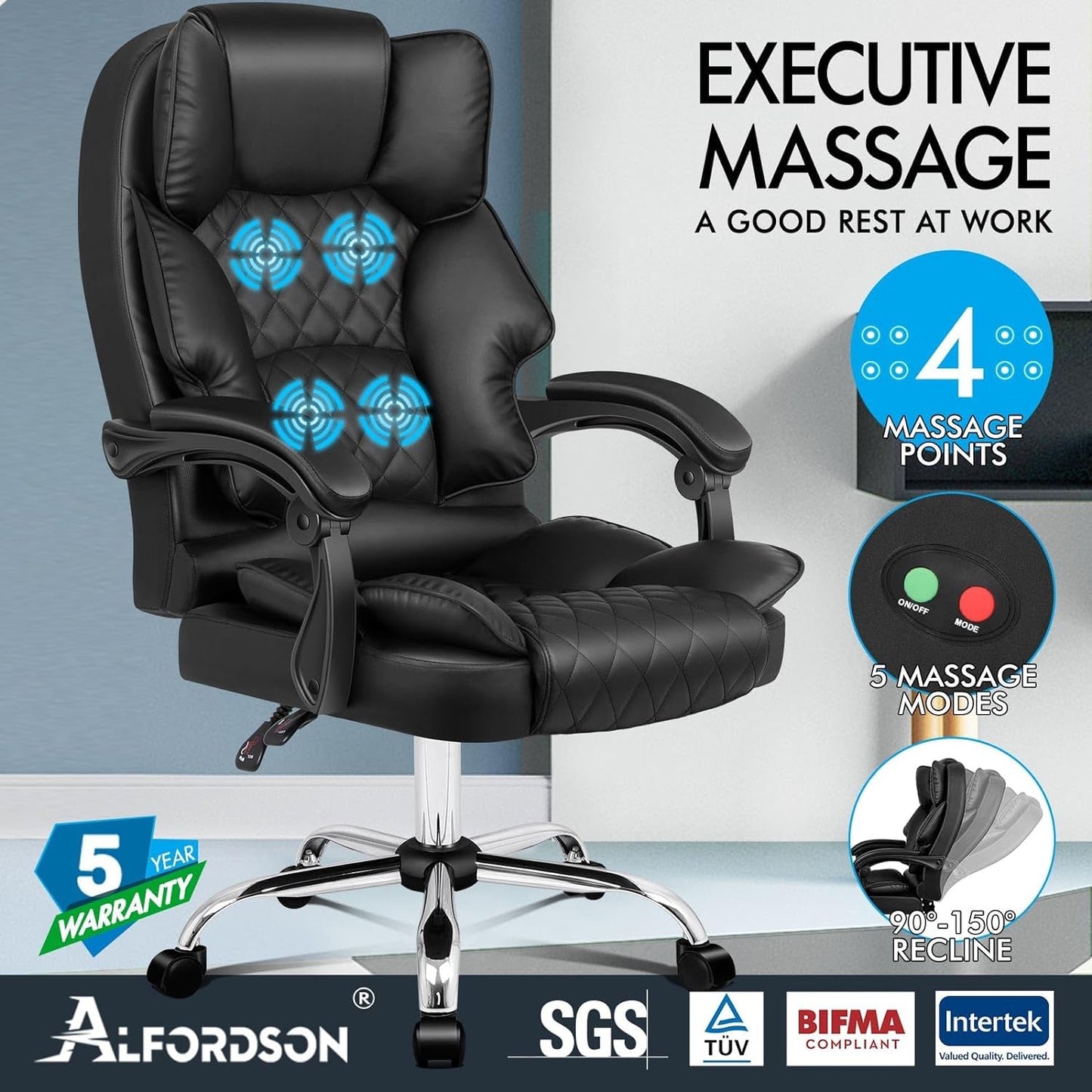 ALFORDSON Ergonomic Office Chair with Massage, 150° Recline and 360° Swivel, Gaming Executive Computer Racer Chair Adjustable Height,Pu Leather Home Office Chair with High Backest Support (Black)