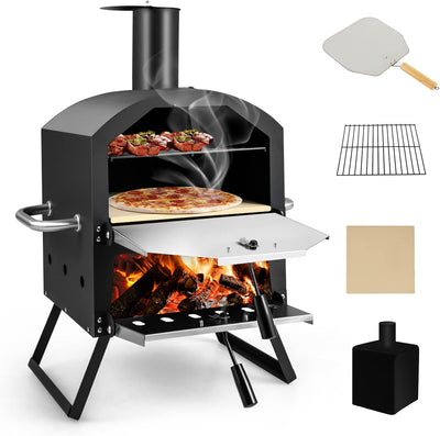 Portable Pizza Oven, Multi-Fuel Outdoor Pizza Maker W/Folding Legs & Portable Handles, 2-Tier Design, Adjustable Air Vents, Wood Fired Pizza Stove W/Pizza Stone, Pizza Peel, Waterproof Cover