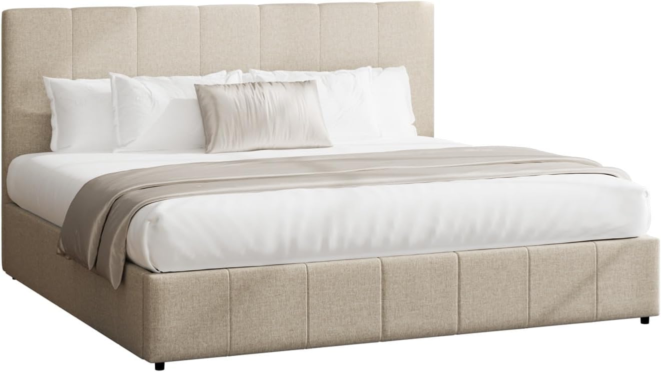 King Bed Frame with Gas Lift and Storage Place Fabric Bed Base King Size