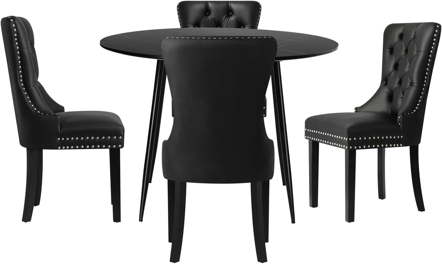 Dining Table and Chair Sets of 4 round Kitchen Table and Pu Leather Kitchen Chairs Black