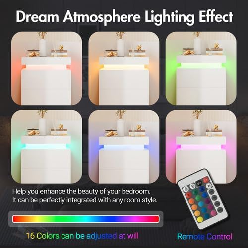 LED Bedside Table, Nightstand with Lift up Storage and 3 Drawers, Storage Cabinet for Bedroom Living Room, High Gloss White