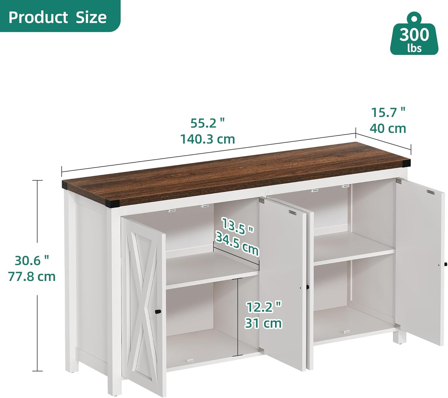Farmhouse Sideboard Buffet Cabinet with Storage with 4 Doors, 55'' Large Kitchen Storage Cabinet, Coffee Bar Cabinet with Adjustable Shelf for Kitchen, Living Room, White