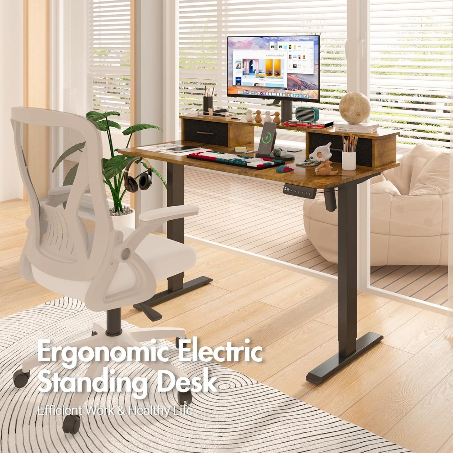 ADVWIN Electric Standing Desk with 2 Drawers, Adjustable Height Sit Stand up Desk with Storage Shelf, 120Cm Splice Board Walnut
