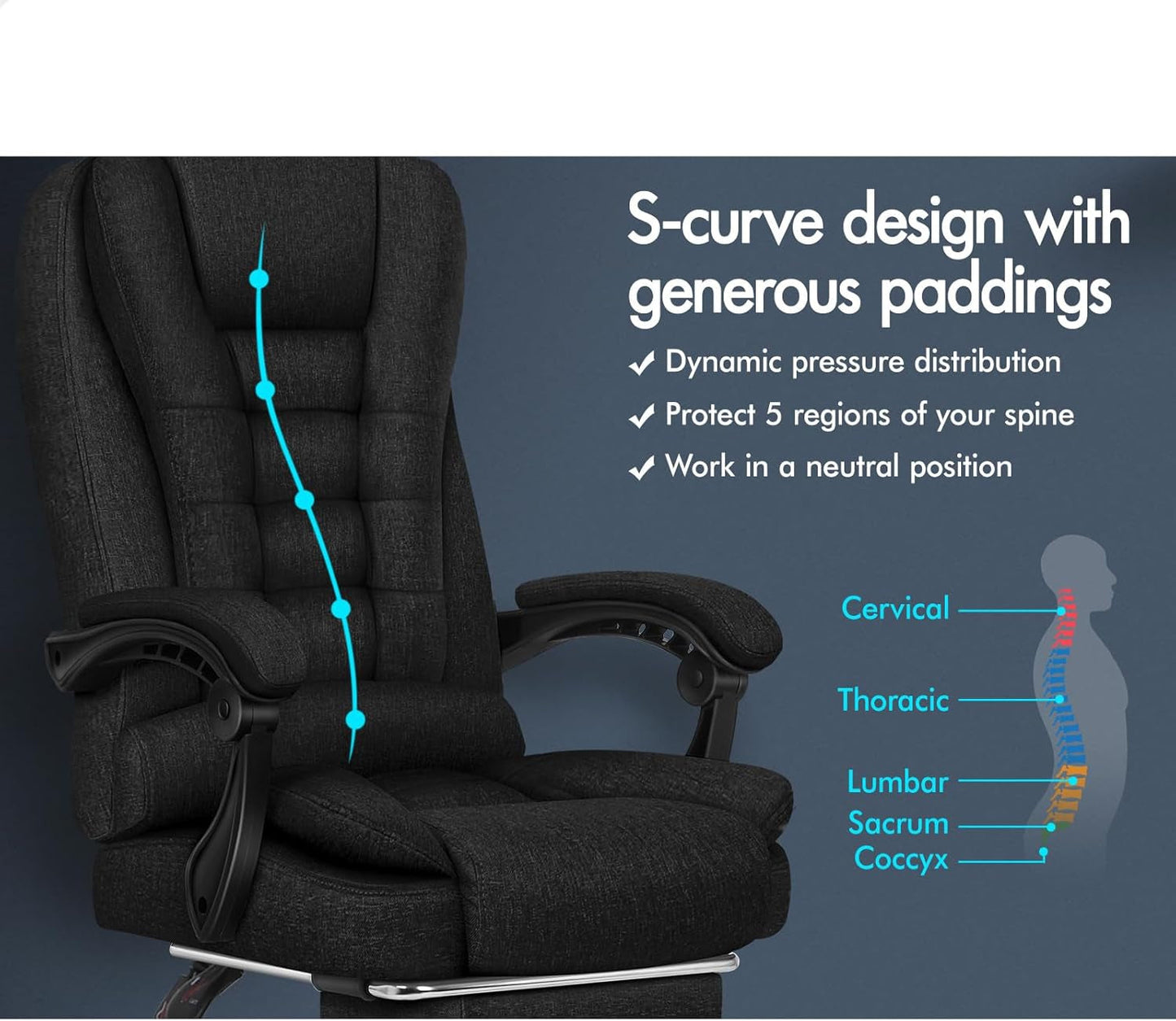 ALFORDSON Executive Office Chair High Back Massage with Footrest, Ergonomic Computer Chair Home Desk Chair, Video Game Recliner Gaming Chairs, 180Kg Capacity (Fabric Black)