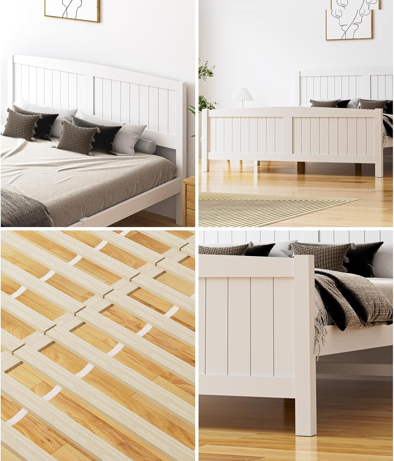 OIKITURE Queen Size Wooden Bed Frame Hampton-Style, Pinewood Bed Frame Platform with Bed Head and High Bed Leg - Compatible with Australian-Sized Mattresses, 211X161X94Cm 