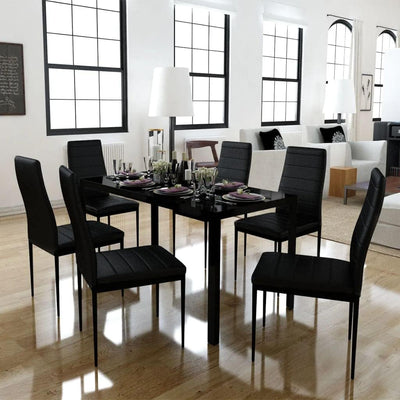 7-Piece Dining Set, Black Glass Table & 6 Leather Chairs, Modern Design