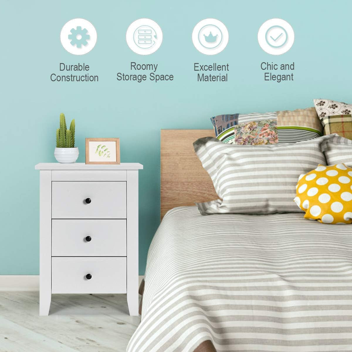Giantex 2PCS End Side Table, Nightstand W/ 3 Drawers, Modern Bedside Cabinet, Wooden End Table W/Sturdy Structure, Accent Table W/Solid Wood Legs, Bedside Table Sofa Side Table for Bedroom Living Room