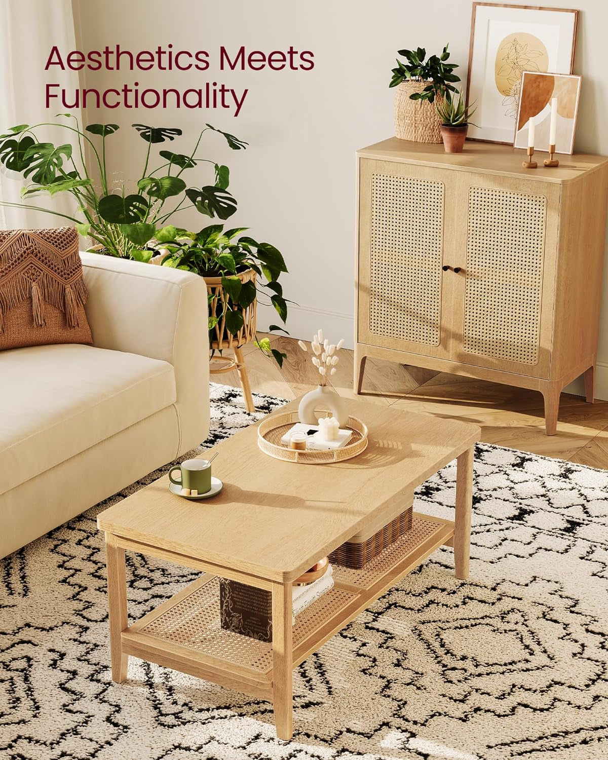 2-Tier Modern Coffee Table with PVC Rattan Storage Shelf, Rounded Corners, Easy Assembly, Boho Style, Oak Beige ULCT240Y57