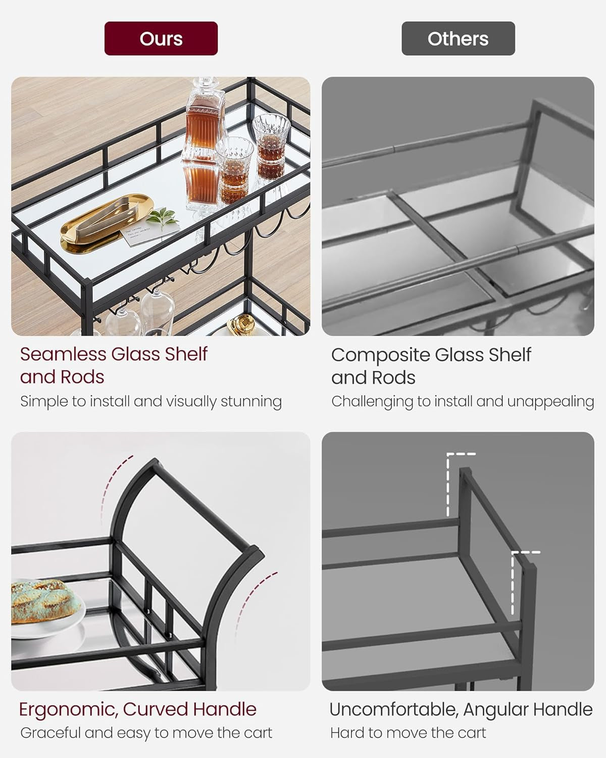 Bar Cart Black, Home Bar Serving Cart, Wine Cart with 2 Mirrored Shelves, Wine Holders, Glass Holders, for Kitchen, Dining Room, Black ULRC090B62
