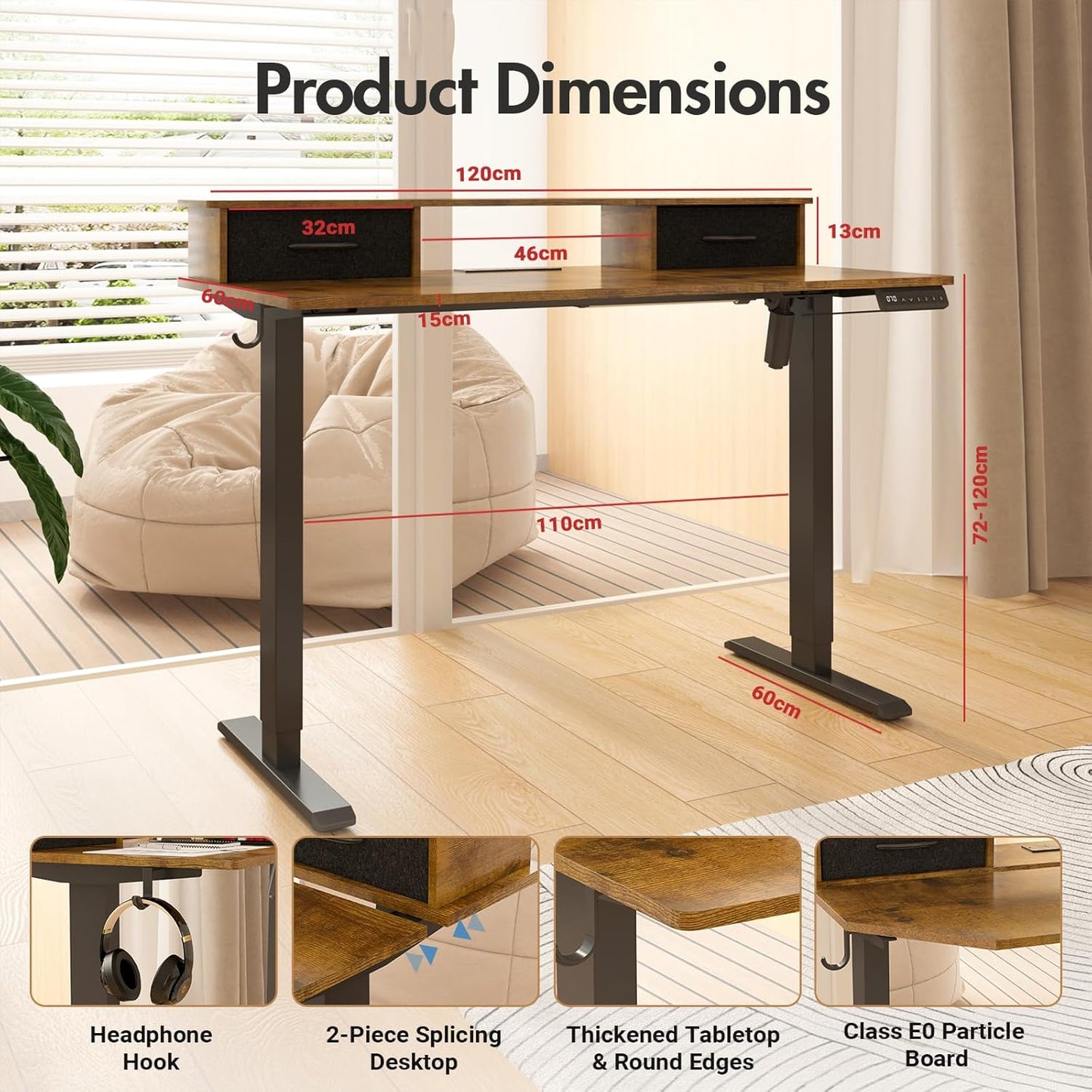 ADVWIN Electric Standing Desk with 2 Drawers, Adjustable Height Sit Stand up Desk with Storage Shelf, 120Cm Splice Board Walnut
