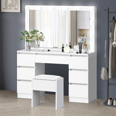 White Dressing Table Stool Set with Mirror, Storage Drawers and Chair, Makeup Mirror Desk with 12 LED Bulbs Adjustable Brightness Levels, Dresser Vanity Table Organiser for Dressing Room