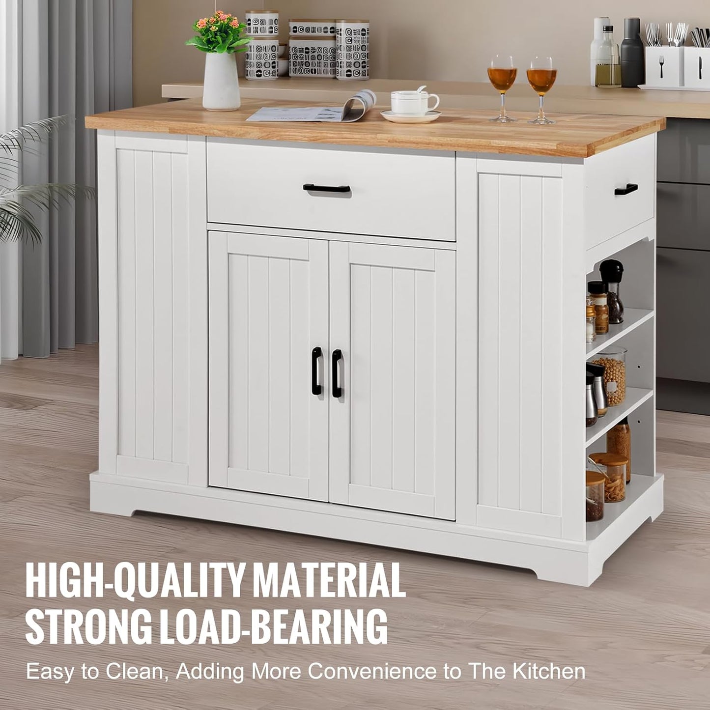 Kitchen Island Cart, 46" Wood Top Breakfast Bar with Storage Cabinet, Farmhouse Kitchen Table with Adjustable Shelf, Drawer, for Dining Kitchen Living Room, White
