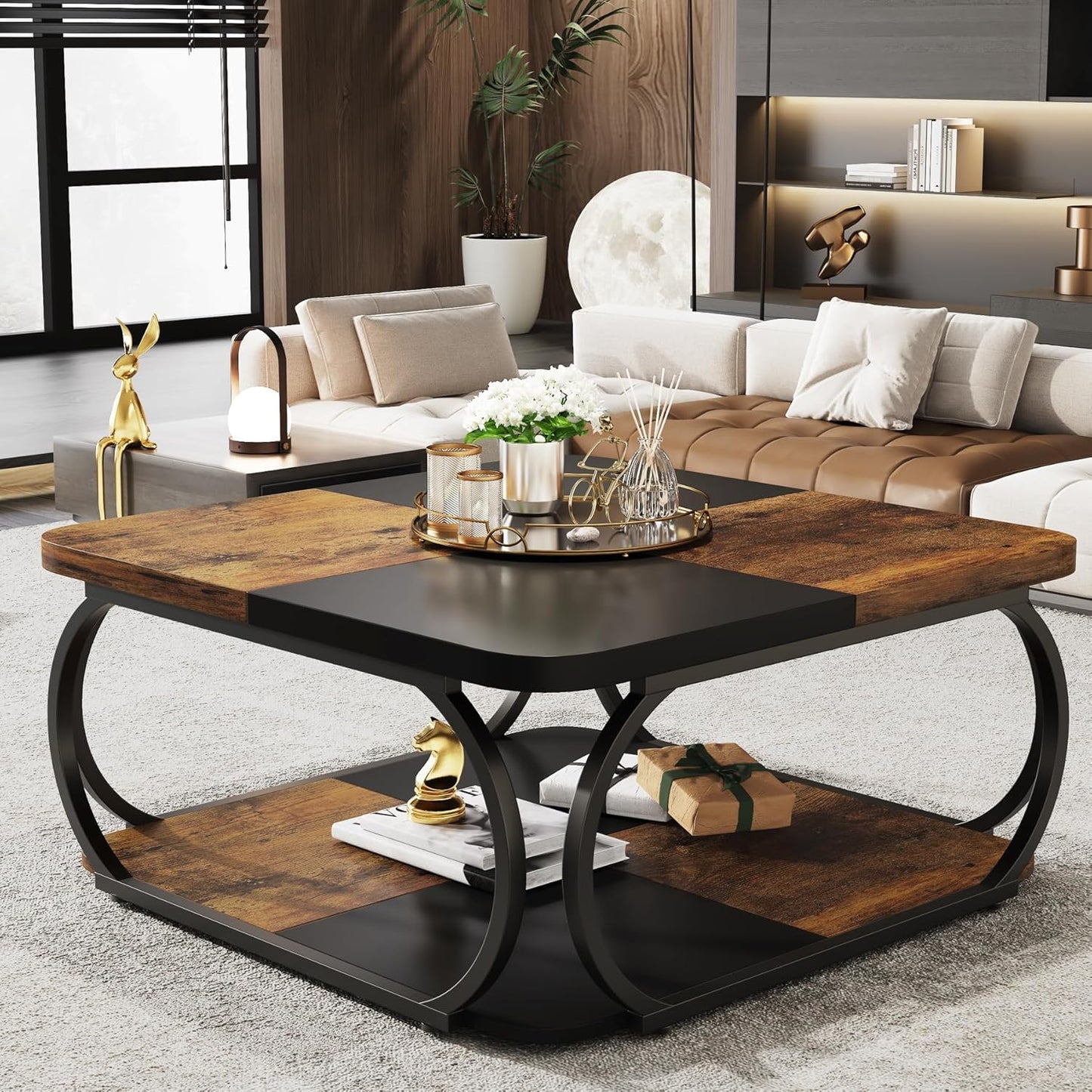 Coffee Table with Storage Shelf 100cm, 2-Tier Low Square Coffee Table with Farmhouse Wood Tabletop Heavy Duty Metal Curved Frame, Black Rustic Brown