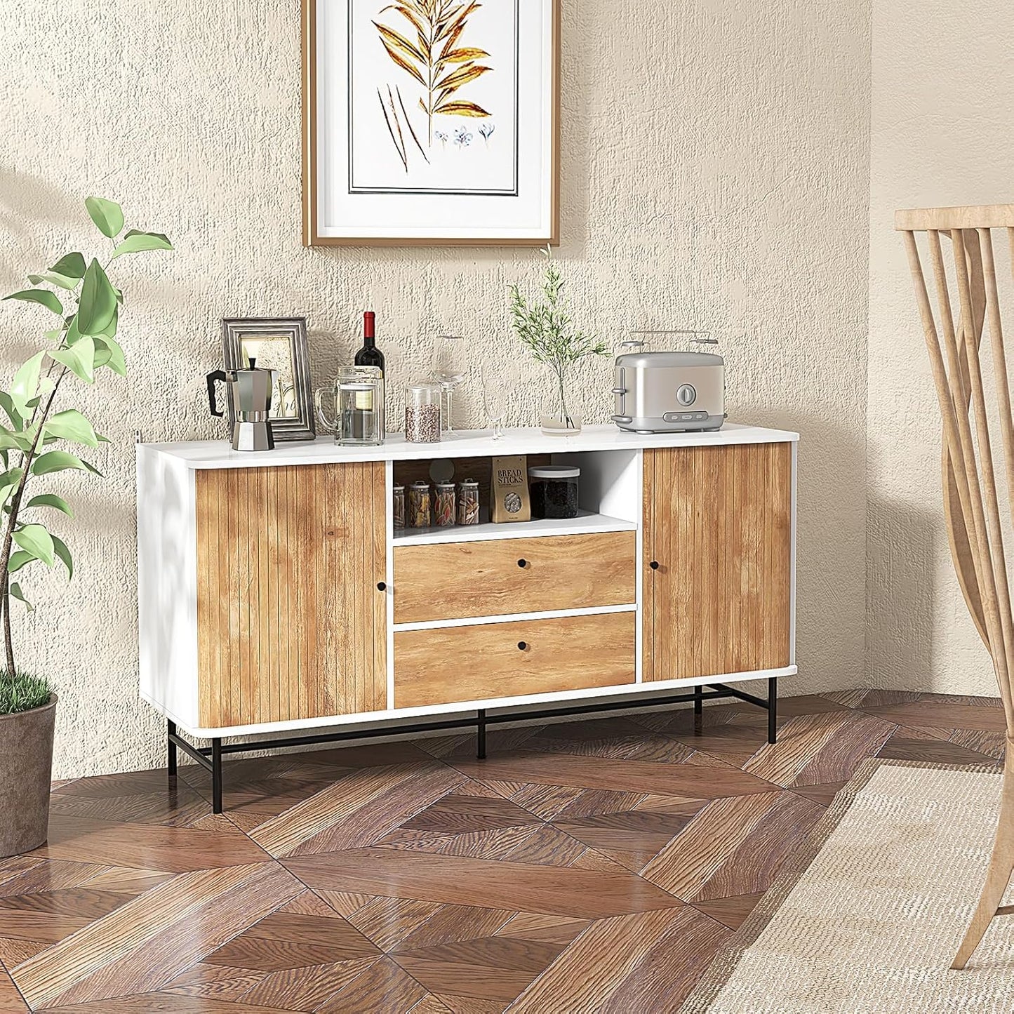 Buffet Sideboard, Mid Century Modern Coffee Bar Station W/Sliding Tambour Doors & 2 Storage Drawers