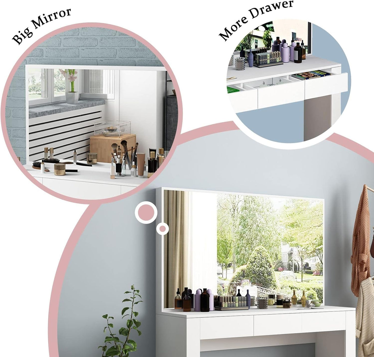 Dressing Table with Mirror Vanity Makeup Table with 3 Drawers Storage Modern Bedroom Furniture White