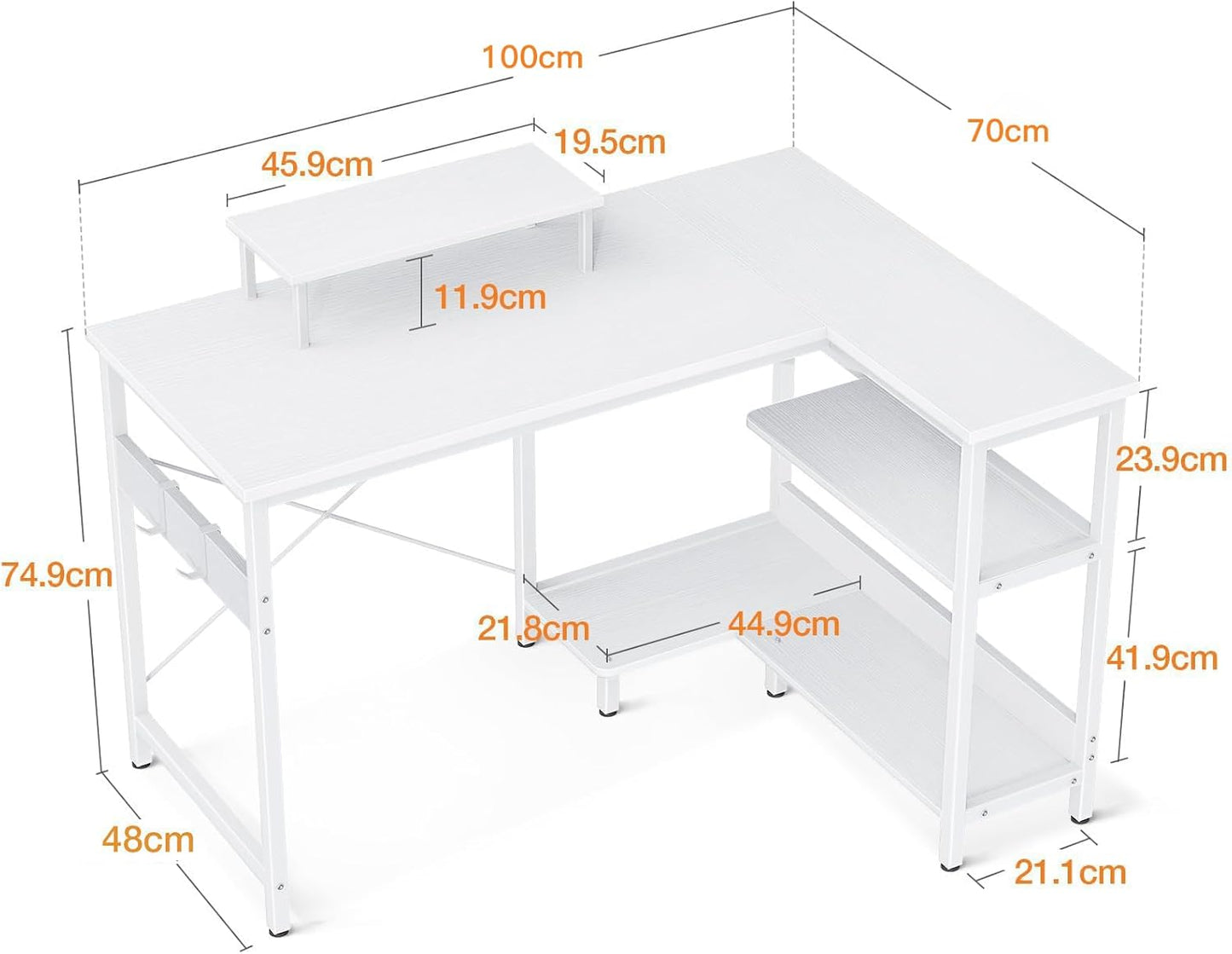 ODK L Shaped Computer Desk with Reversible Storage Shelves, 100 * 70 * 87.7Cm L-Shaped Desk, Corner Desk with Monitor Stand for Small Space, Home Office Desk, Modern Simple Writing Table, White
