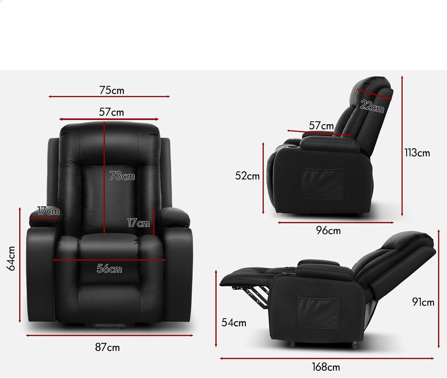 ALFORDSON Electric Recliner Chair, Fully Automatic Lifting and Reclining Lounge Sofa, PU Leather Heated Massage Armchair with Remote Control, Black