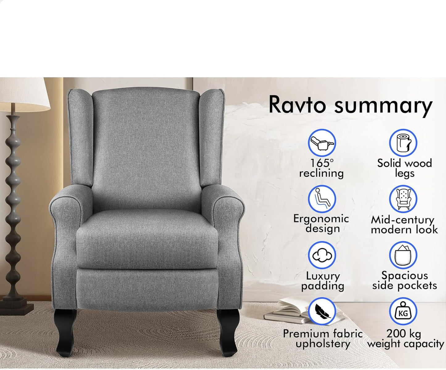 ALFORDSON Grey Sofa Armchair, Recliner Chair for Lounge, Ergonomic Rocking Lounge Home Furniture with 165° Push Back Recline and Padded Seat for Home Bedroom, Living Room Andoffice